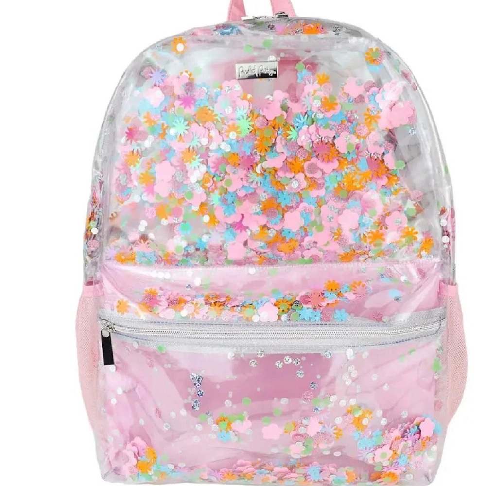 Clear Pink Sequin Kids Backpack - Glitter Flower Design